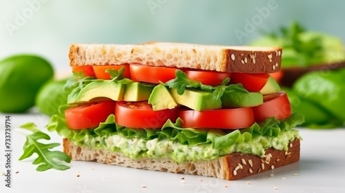 Sandwich with avocado, tomato, basil on a plate