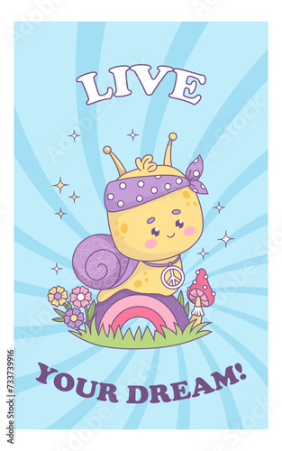 Funny groovy snail hippy character. Comic cute insect on rainbow in retro style. Trendy vector illustration. Cool vertical bright poster with slogan in 70s style .