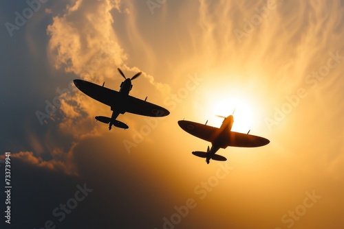 Two silhouetted spitfires dive out of the bright sun, as if attacking an enemy with surprise. Hiding in the sun is an effective and common air fighter tactic to catch their foe off guard