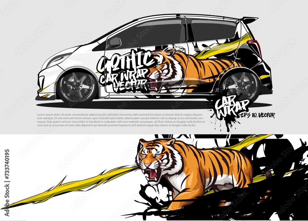 car livery design vector. abstract race style background with aggressive Angry tiger concept for vehicle vinyl sticker wrap car livery design vector. abstract race style background with aggressive Angry tiger concept for vehicle vinyl sticker wrap