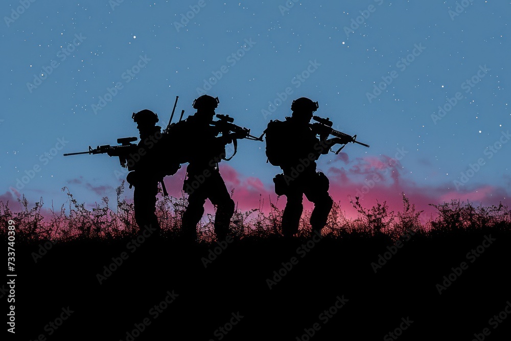 The silhouette of military soldier with weapons at night ,servey and careful around holding gun, blue colorful sky, background.