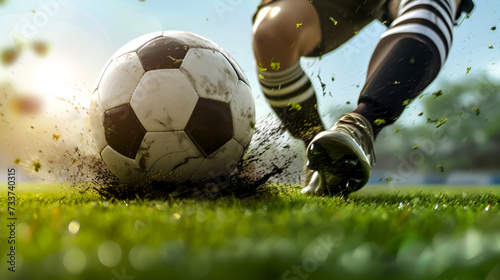 Soccer player kicking football ball with grass flying, Close up of football player legs kicking soccer ball on professional stadium. Intense moment of soccer ball in play on field, action shot