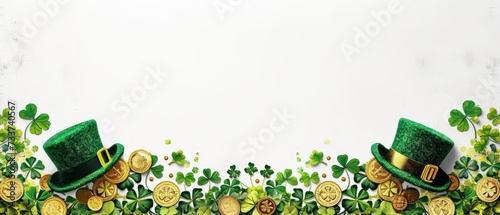 St Patricks Day bottom border against a white banner background. Top down view with gold coins, shamrocks and leprechaun hats. Copy space. photo