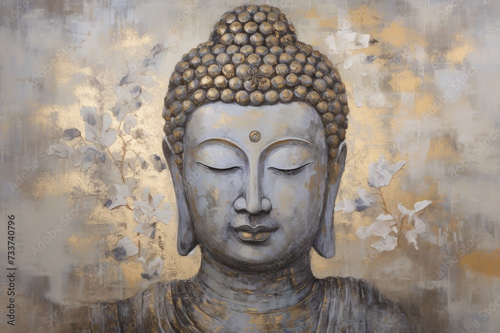 illustration of buddha painted canvas in the style of silver, Generative ai