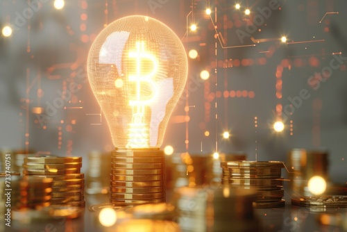 Virtual creative idea concept with light bulb and microcircuit illustration on stacks of coins background. Neural networks and machine learning concept. Multiexposure