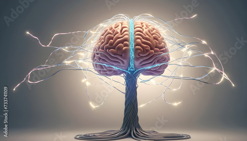 Glowing brain with rotating patterns representing artificial intelligence and data processing. Concept of intellectual capacity. Generative AI