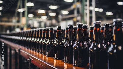 Empty dark bottles without labels on the production line