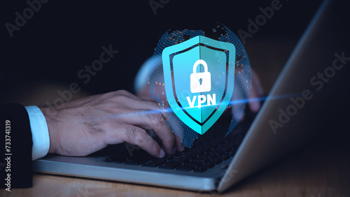 VPN Virtual Private network protocol concept, Person use laptop with virtualscreen of VPN icon for connect to VPN network. photo