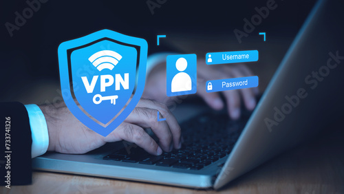 VPN Virtual Private network protocol concept, Person use laptop with virtualscreen of VPN icon for connect to VPN network. photo