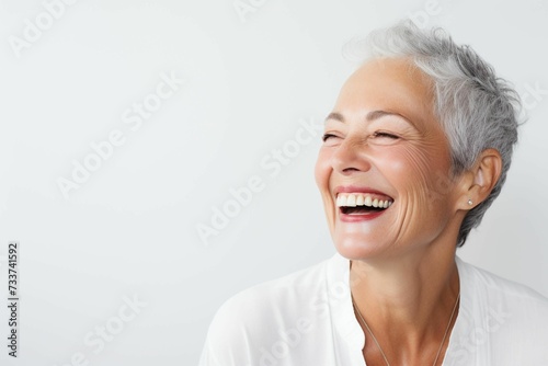 Elderly woman smiling widely with silver hair against her white wall background. Ai generated photo