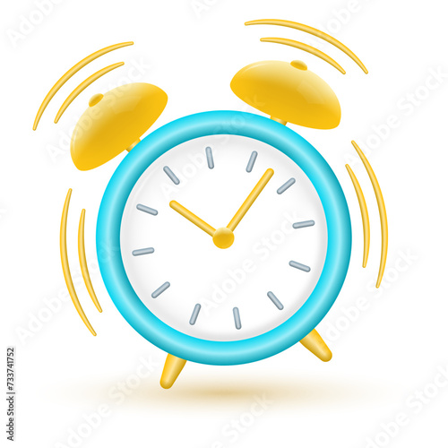 Alarm clock 3d icon. Wake up time concept. Morning timer cartoon design. Ringing watch. Vector illustration.