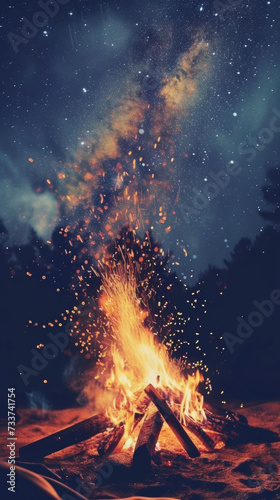 Campfire Illuminated by Night Sky Full of Stars © cac_tus