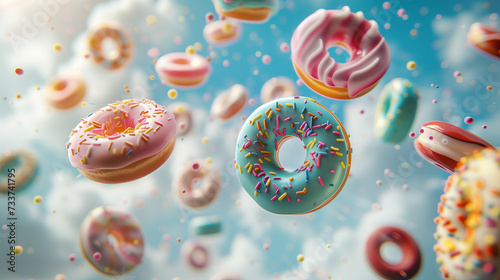 many colorful candies and donuts flying in the sky, in the style of meticulous photorealistic still lifes, light turquoise and light pink, carcore, stylish photo