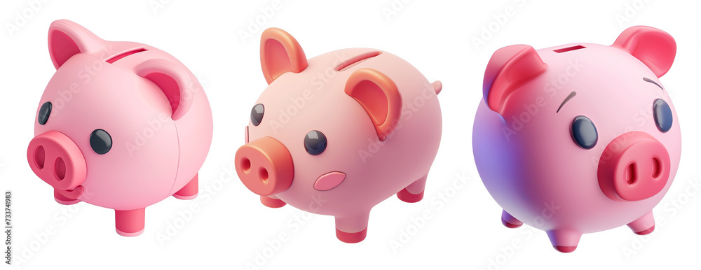 3D Illustration of Cute Pink Pigs in Different Poses on White Background 3D Illustration of Cute Pink Pigs in Different Poses on White Background