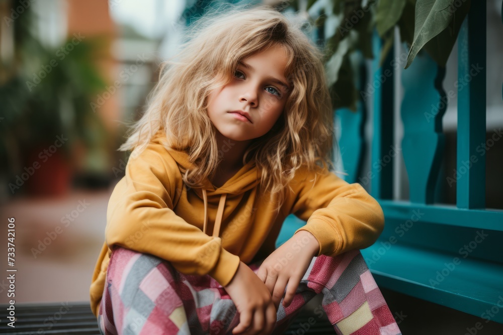 portrait of sad little girl looking at camera while sitting on bench portrait of sad little girl looking at camera while sitting on bench