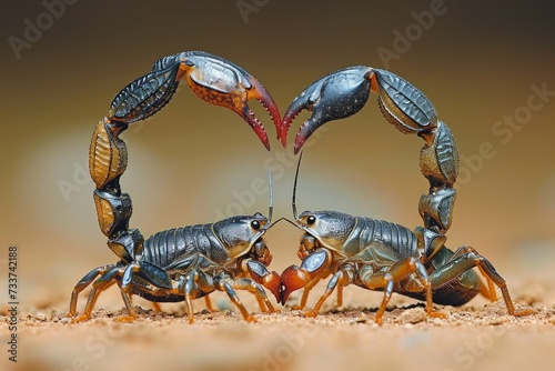 Two scorpions joined their tails in the shape of a heart. Love is everywhere, Valentine's Day card concept © Irina Kozel