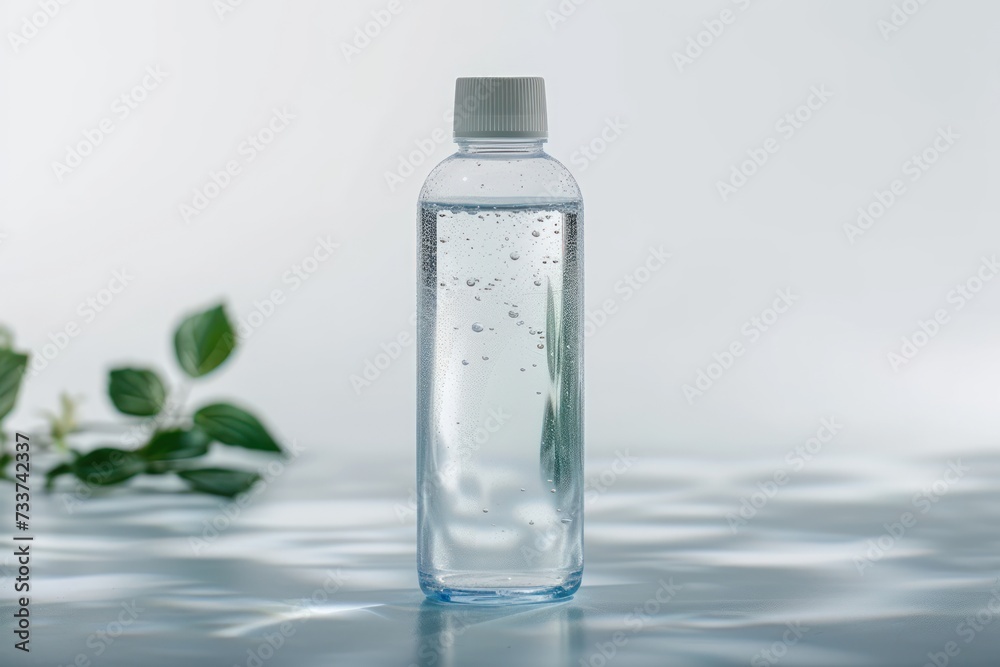 Clean bottle of micellar water, tonic on white background