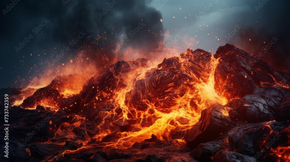 Eruption of volcanic magma, Volcanic lava eruption. Eruption of volcanic magma, Volcanic lava eruption.