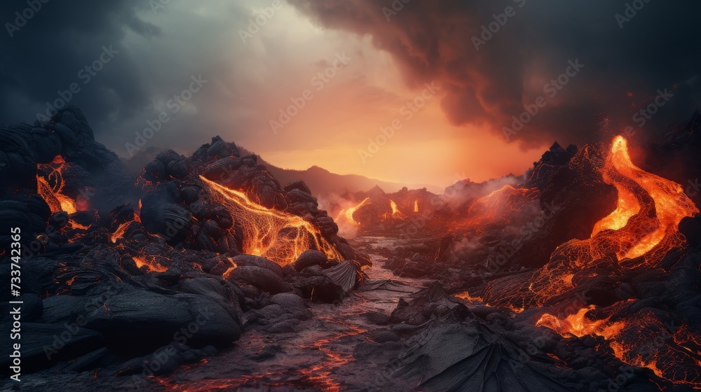Eruption of volcanic magma, Volcanic lava eruption.
