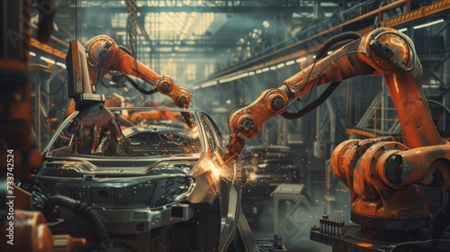 AI robot arm welding in a factory, assembling a car photo