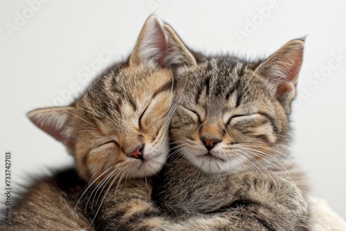 Two cute gray kittens sleeping in an embrace on a white background. Concepts: love, care, warmth, lovers, Valentine's day
