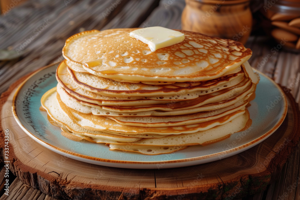 stack of traditional thin pancakes on a plate with butter on wooden table