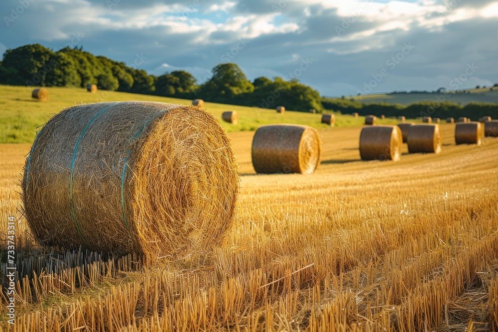 Hay bales appear golden in the sunlight on a farm near Llyswen, Wales.