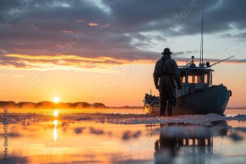 Oyster harvesting at sunrise on Narragansett Bay photo