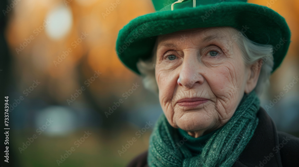 Senior woman in green hat with clover. old woman St. Patrick's Day celebration. active retirement. An old woman wearing a green hat Senior woman in green hat with clover. old woman St. Patrick's Day celebration. active retirement. An old woman wearing a green hat