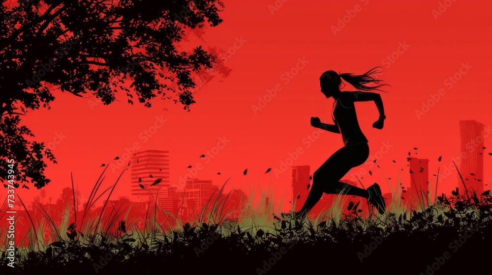 Woman silhuette running jogging in red background