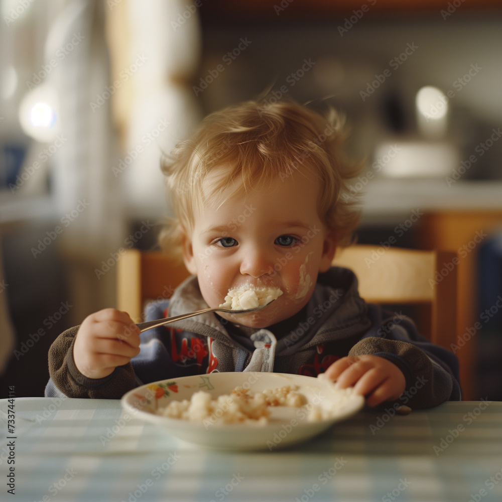 Cute toddler child  with spoon sitting in highchair and learning to eat