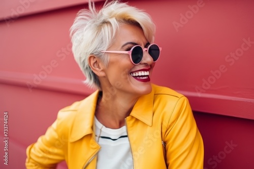 Close up portrait of a beautiful blonde woman wearing sunglasses and a yellow jacket