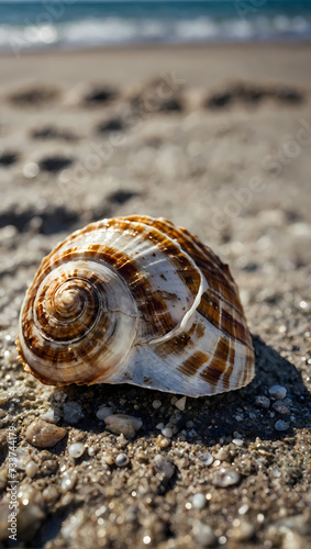 Macro shot showcasing the texture of a weathered seashell on the shore. © xKas
