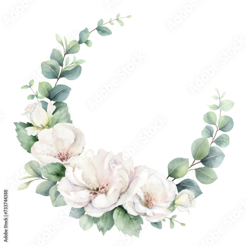 White roses and eucalyptus branches. Watercolor vector floral wreath. Foliage...