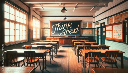 Inspiring Education: A Sunlit Vintage School Classroom Invites a Journey of Learning and Foresight. Classic Wooden Desks Face a Chalkboard with a Motivational Call to "Think Ahead".