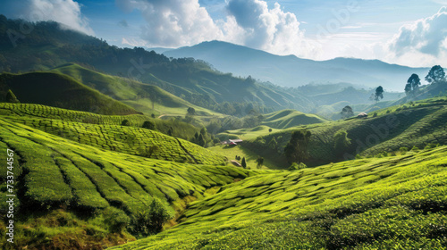 Green hillside with green tea fields. Aerial view of lush green tea plantations in the hilly area. Copy space. space for text