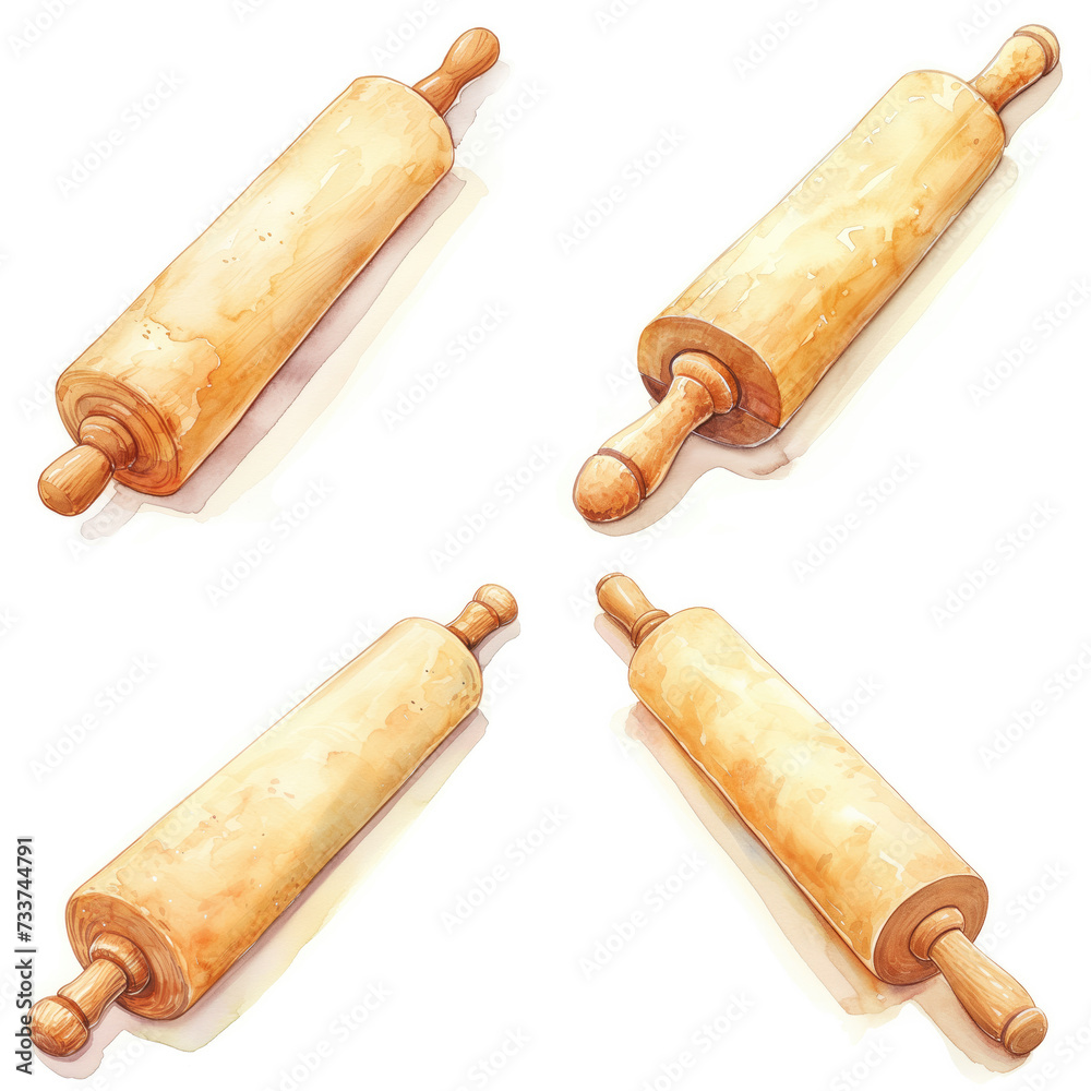 collection of Rolling pin of Baking equipment, soft watercolor painting style, on white background