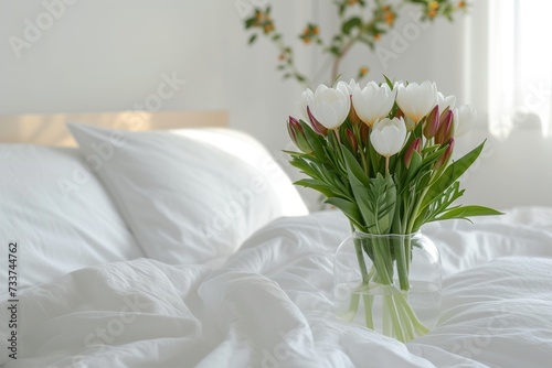 Flower near bed in apartment with white interior design #733744762