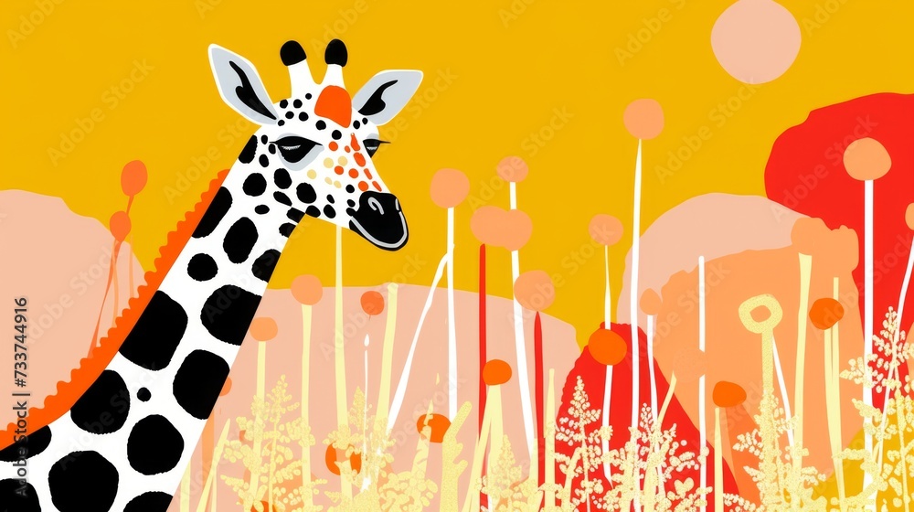 Vivid minimal illustration of a giraffe in vector style. Animal art. Simple colors and contours. Vivid minimal illustration of a giraffe in vector style. Animal art. Simple colors and contours.