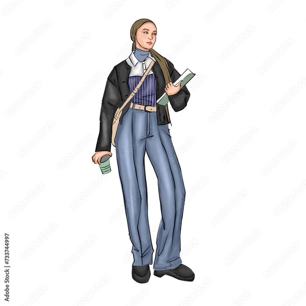 Fashion illustration. Modest fashion. Casual style. Young women icon. Fashion illustration. Modest fashion. Casual style. Young women icon.