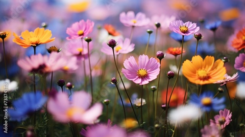 A field of colorful flowers with a blue sky in the background  AI