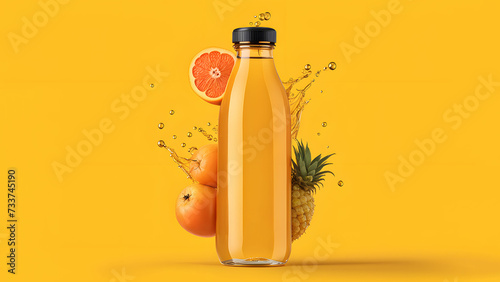 mockup of glass Bottle of freshly squeezed juice with splashes on orange background. advertising photo of juice. photo