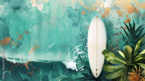 White surfboard on a tropic beach with palm trees around, illustration photo