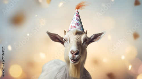 Funny goat with birthday party hat on background