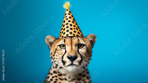 Funny cheetah with birthday party hat on blue background