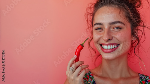 Femme brune, souriante, qui tient un piment fort rouge dans sa main - fond rouge photo