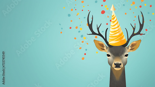 Funny deer with birthday party hat on background