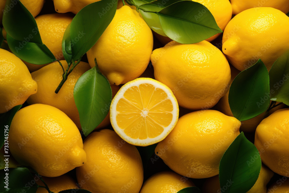 Lemon background is a solid fill. Ripe yellow citrus fruits and foliage. Summer fruit template