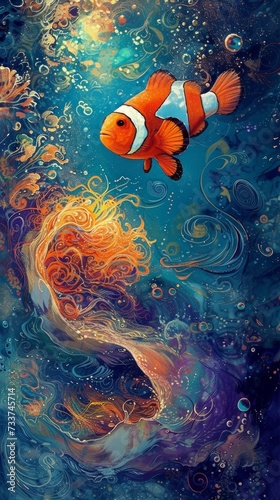 Clownfish Swimming in Whirl of Colors