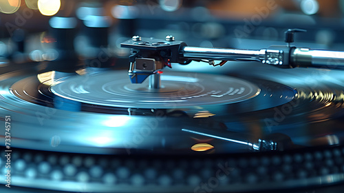 A close-up shot of a record player needle delicately touching a vinyl record, capturing the resurgence of analog audio and the timeless allure of vinyl in the digital age. photo